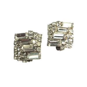 Vintage earrings, Square, Rhinestones, Baquettes, Rounds, Silvertone, Clip ons